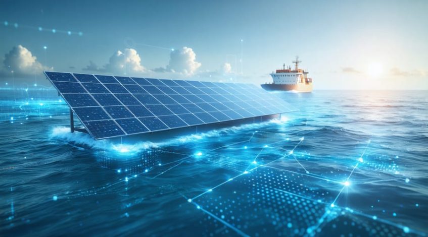 Illustration of futuristic maritime scene depicting regional ocean models integrating with solar technology. Features floating solar panels and a cargo ship with solar installations, optimized using data streams representing ocean currents and wave patterns.