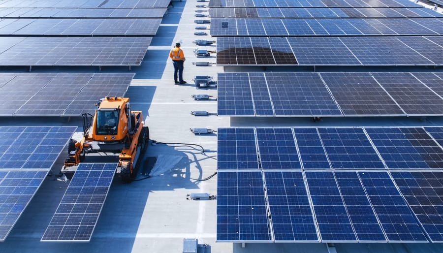 A professional maintenance team utilizing an automated cleaning system on a large array of commercial solar panels, demonstrating the contrast between clean, efficient panels and those covered in dust and debris, set against a clear sky.