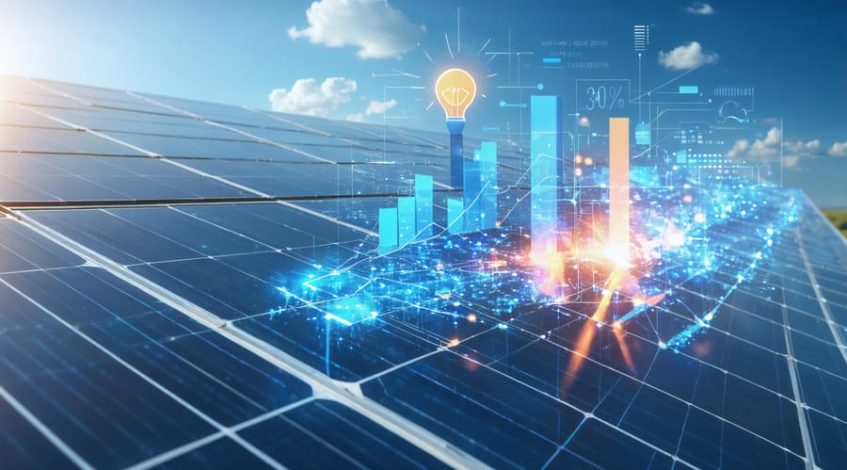 Conceptual illustration of machine learning algorithms enhancing solar panel efficiency with visual data overlays, indicating a 30% increase in performance.