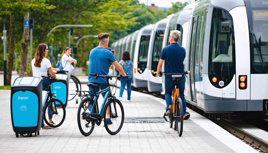 People using multiple sustainable transportation options at urban mobility hub