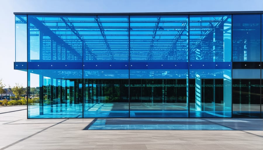 Building featuring quantum dot solar collection windows with visible light transmission