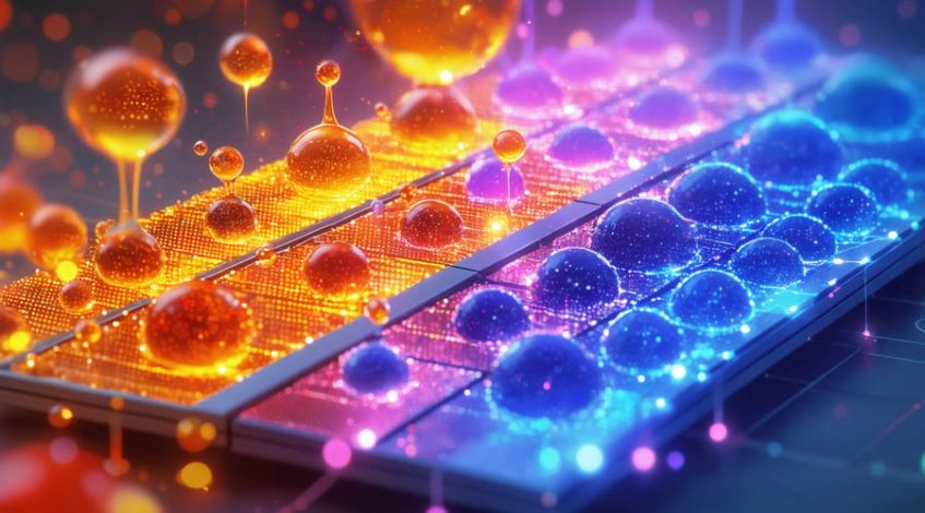 Infographic illustrating how quantum dots enhance solar panel efficiency by absorbing a broader spectrum of light and converting it into energy. Includes representations of quantum dots of varying sizes emitting different colors, symbolizing their light absorption capabilities.