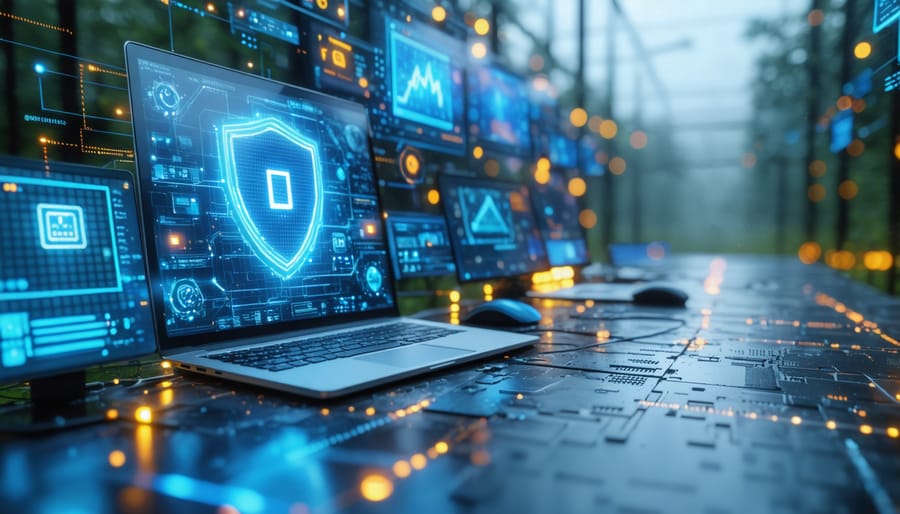 Security expert analyzing threat detection screens in renewable energy control room