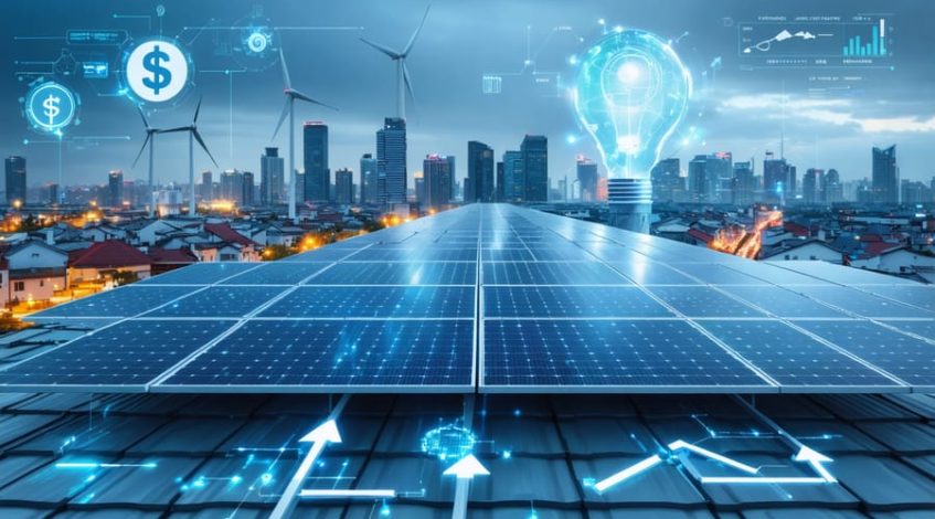 Artistic illustration of a futuristic city powered by renewable energy, featuring solar panels, wind farms, and smart grid technology interconnections, symbolizing innovation and growth in the renewable sector.