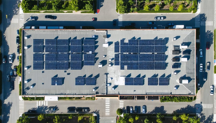Large commercial shopping center featuring comprehensive rooftop solar panel system