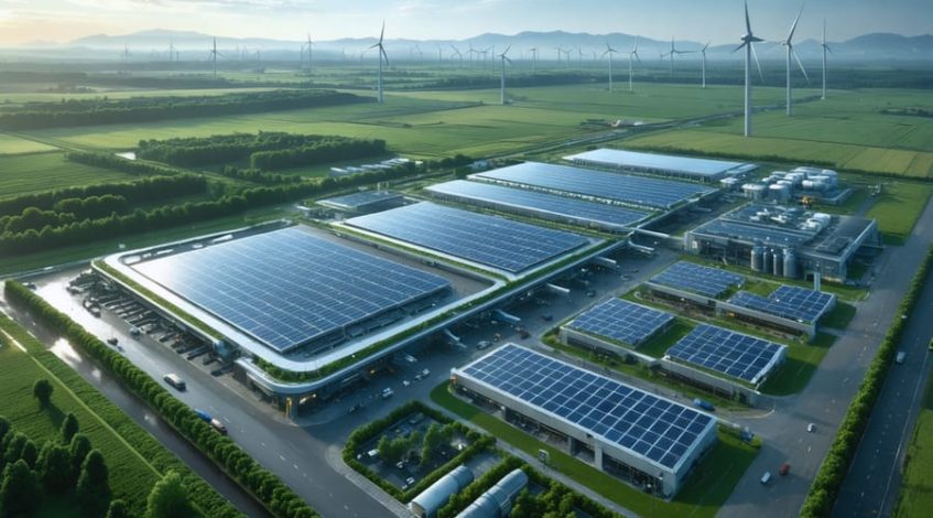 A modern industrial facility equipped with advanced solar panels, energy storage systems, and wind turbines, representing the integration of green energy innovations in manufacturing.