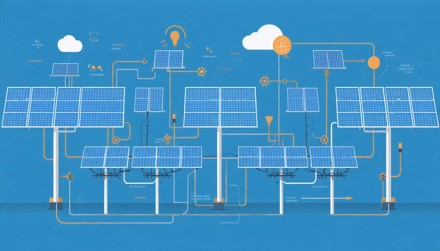 Schematic diagram illustrating how dynamic solar panels connect and communicate with smart grid systems