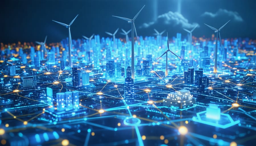 Digital illustration of smart grid infrastructure with renewable energy integration