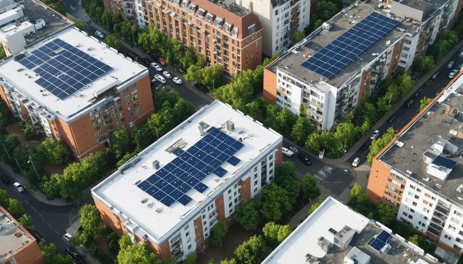 Bird's eye view of a sustainable urban development with solar-integrated architecture and pedestrian-friendly layout