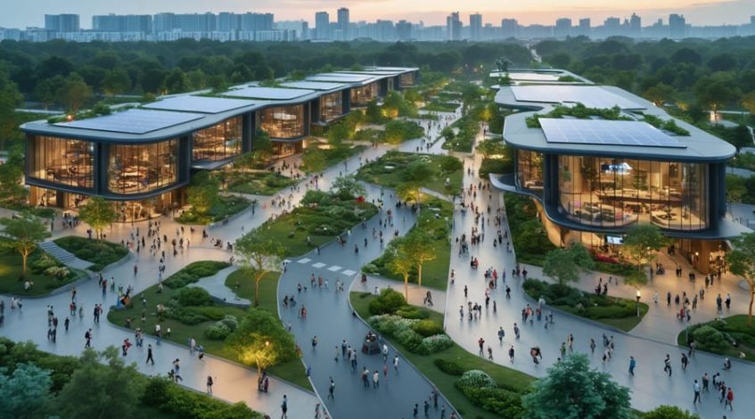 Futuristic urban neighborhood depicting solar panel-integrated buildings, pedestrian-friendly streets, and community parks illuminated by solar lights, illustrating the convergence of sustainability and urban livability.