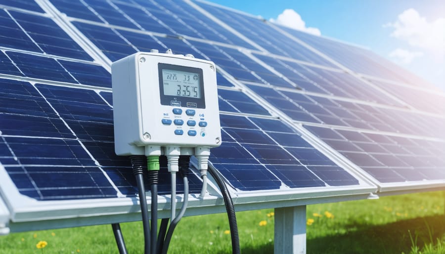 Modern smart meter connected to solar panels displaying real-time energy data