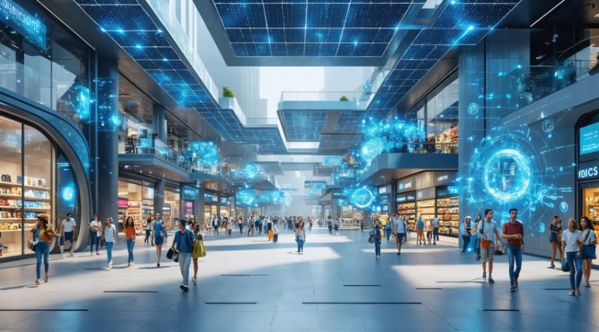 A modern shopping center with solar panels on the roof and interactive digital retail displays, showcasing the integration of renewable energy and advanced technology for efficient operations.