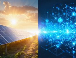 Conceptual illustration showing solar panels connecting with a blockchain network, symbolizing the integration of solar energy and blockchain technology for secure and transparent energy regulations.