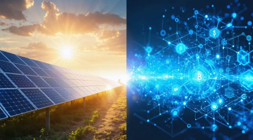 Conceptual illustration showing solar panels connecting with a blockchain network, symbolizing the integration of solar energy and blockchain technology for secure and transparent energy regulations.