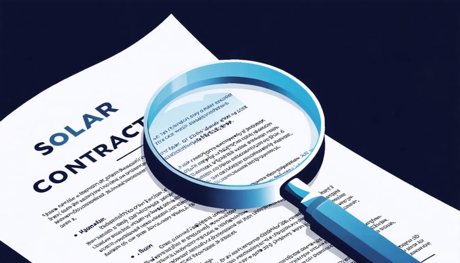 Business contract with key solar service terms highlighted under magnifying glass