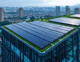 Futuristic cityscape with commercial buildings featuring solar panel systems on rooftops, symbolizing the growth and integration of solar energy in real estate.