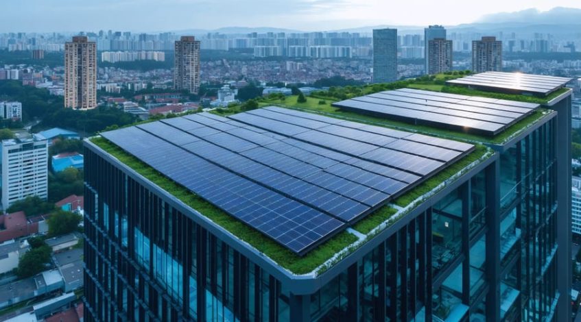 Futuristic cityscape with commercial buildings featuring solar panel systems on rooftops, symbolizing the growth and integration of solar energy in real estate.
