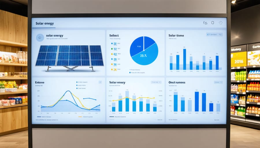 Interactive sustainability dashboard displaying solar energy metrics in shopping center