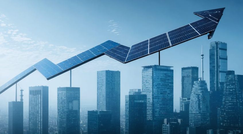 Conceptual illustration depicting solar panels connected to a financial graph, symbolizing the economic growth driven by renewable energy, with silhouettes of factories and commercial buildings showcasing solar installations.