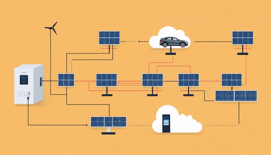 Technical diagram of solar power distribution system in urban mobility hub
