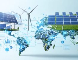 An abstract representation of Renewable Energy Standard Tariffs showcasing solar panels, wind turbines, and business connections, emphasizing cost efficiency and sustainability in commercial energy procurement.