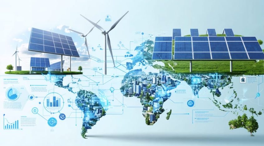 An abstract representation of Renewable Energy Standard Tariffs showcasing solar panels, wind turbines, and business connections, emphasizing cost efficiency and sustainability in commercial energy procurement.