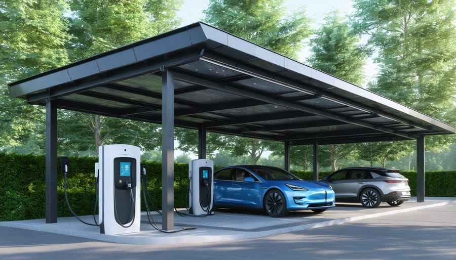 Solar-powered EV charging station with commercial vehicles under solar panels