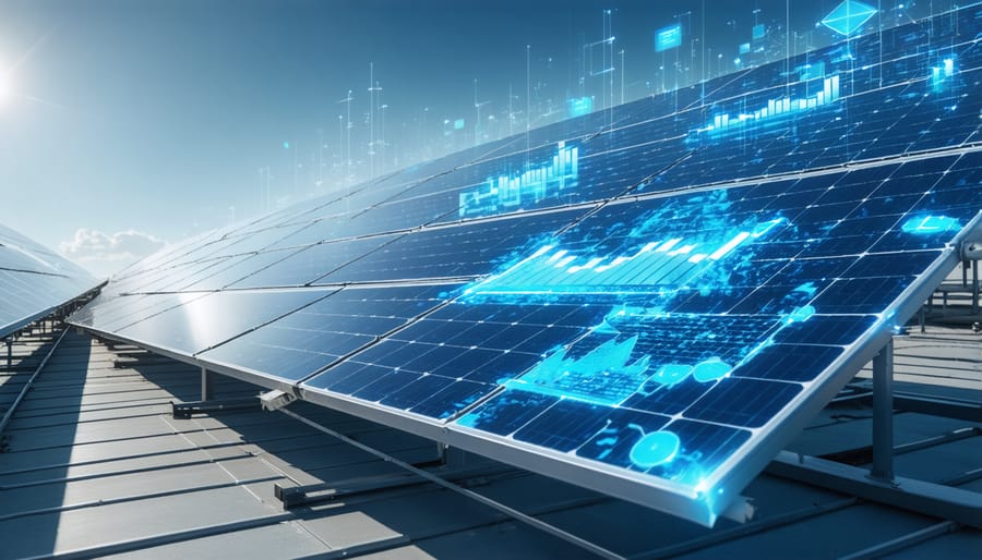 Solar farm with augmented reality style overlay showing blockchain-based energy trading metrics