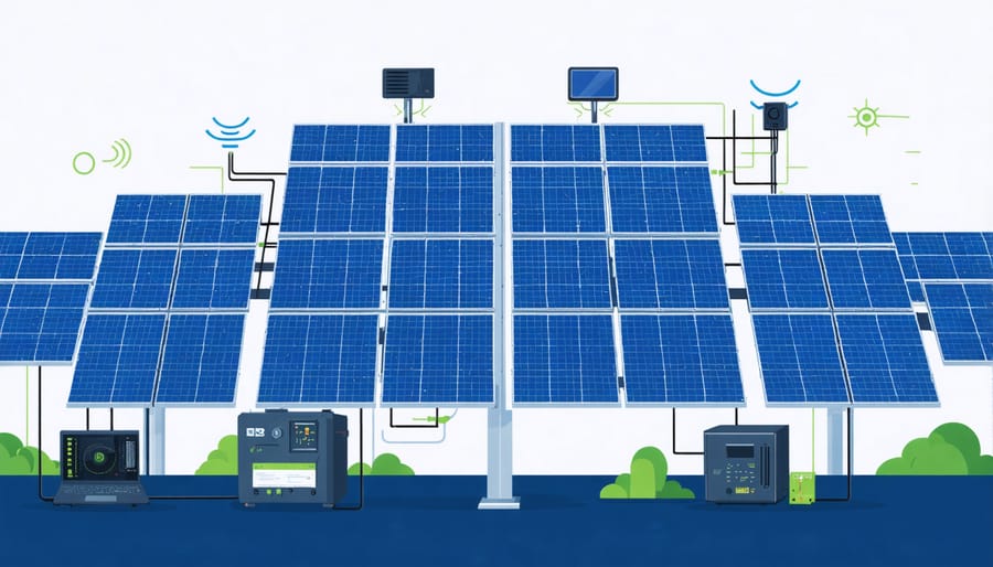 Technical diagram illustrating the connection between solar panels, batteries, and FM communication equipment