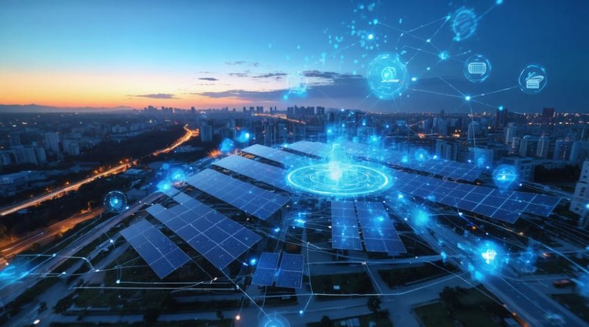 A futuristic cityscape at sunset showcasing integrated solar panels, smart grid components, and advanced monitoring systems, representing the modernization of commercial energy through solar technology.