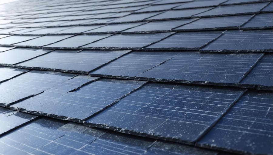 Modern solar tiles matching the texture and appearance of traditional slate roof tiles