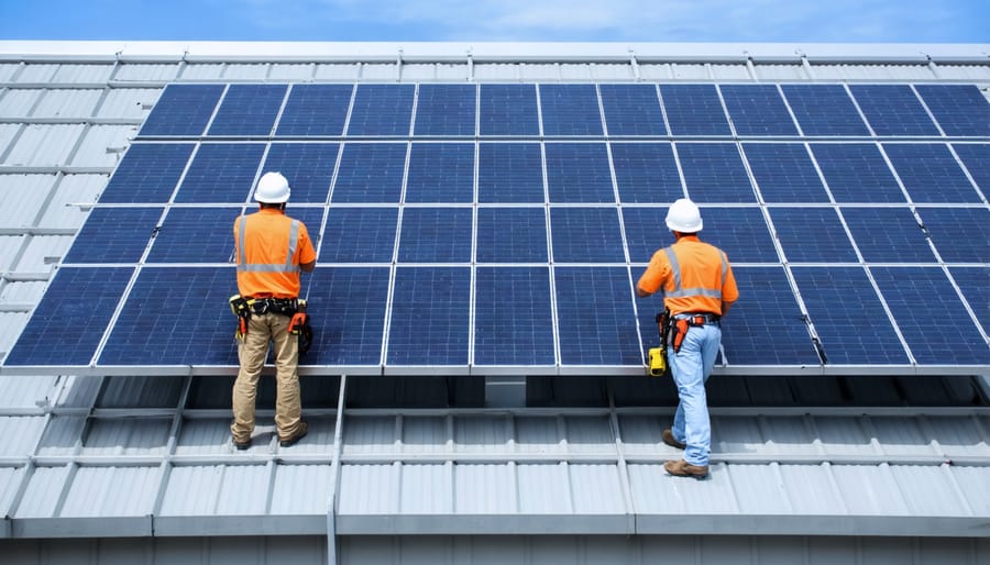 Team of solar technicians installing solar panels, demonstrating job creation in renewable energy sector
