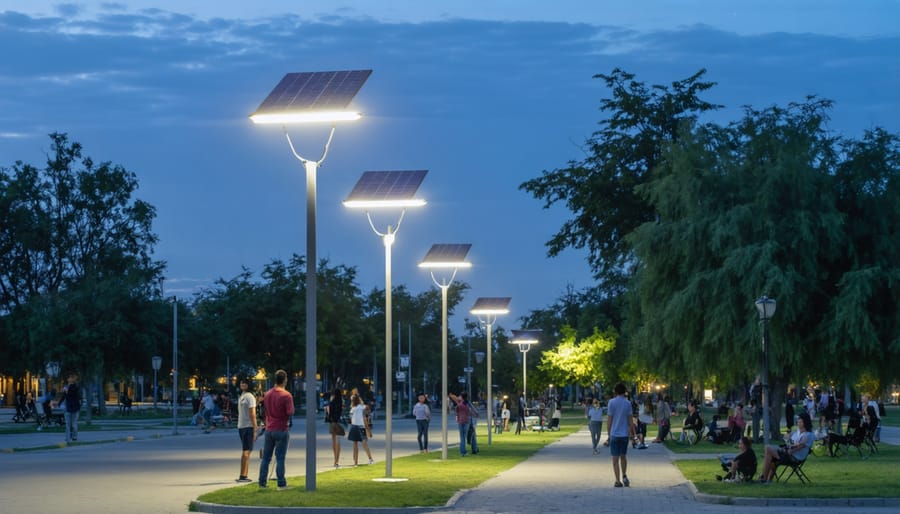 Night scene of public park lit by solar-powered street lights with active community members