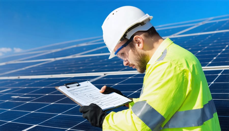 Solar panel maintenance technician conducting routine inspection