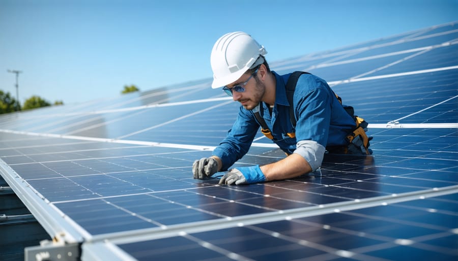 Professional technician inspecting and maintaining solar panels on commercial rooftop