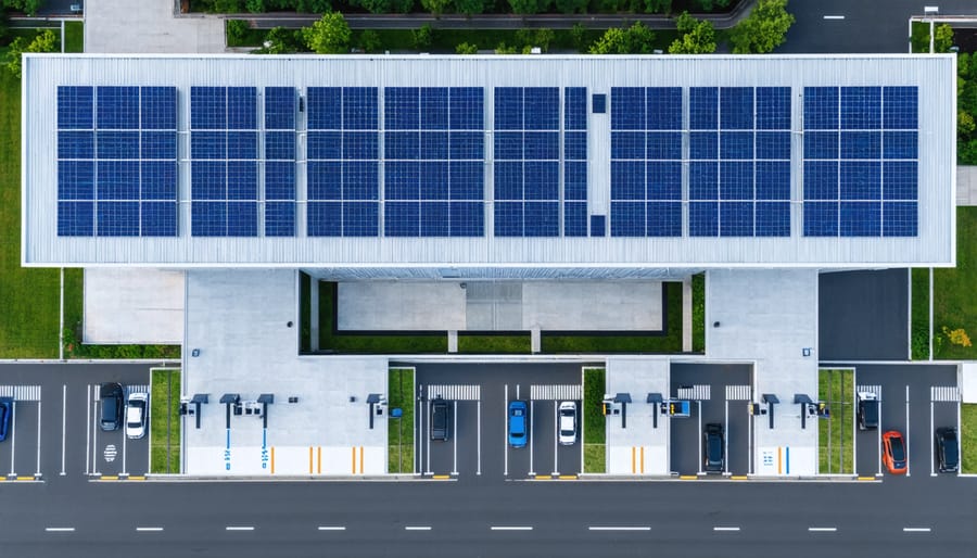Modern transportation hub with solar panel roof and electric vehicle charging stations