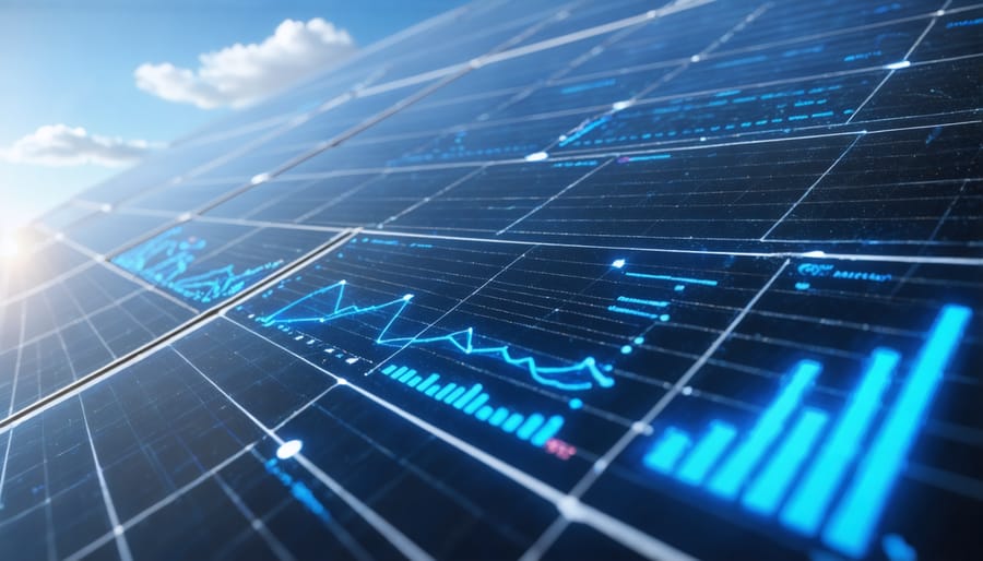 Digital dashboard displaying solar system performance data, energy production graphs, and monitoring metrics