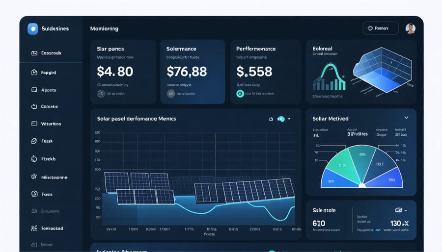 Computer screen displaying real-time solar system performance data and monitoring graphs
