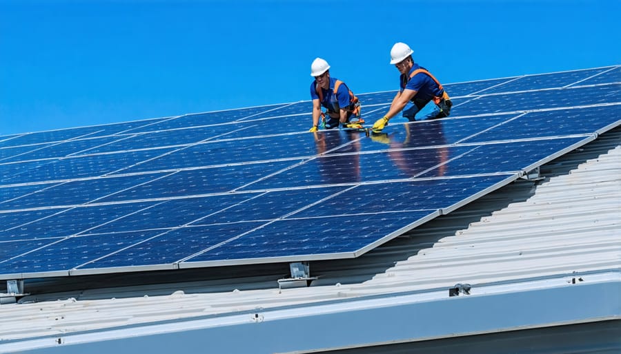 Team of installers securing solar panels to mounting rails on a commercial building roof