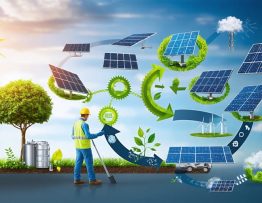 Conceptual illustration of solar panel lifecycle management, showing interconnected stages of manufacturing, installation, maintenance, and recycling, with renewable energy symbols.