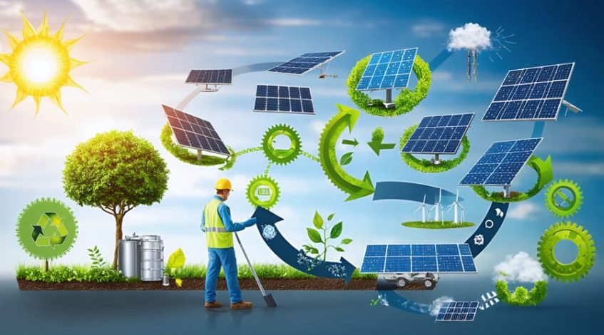Conceptual illustration of solar panel lifecycle management, showing interconnected stages of manufacturing, installation, maintenance, and recycling, with renewable energy symbols.