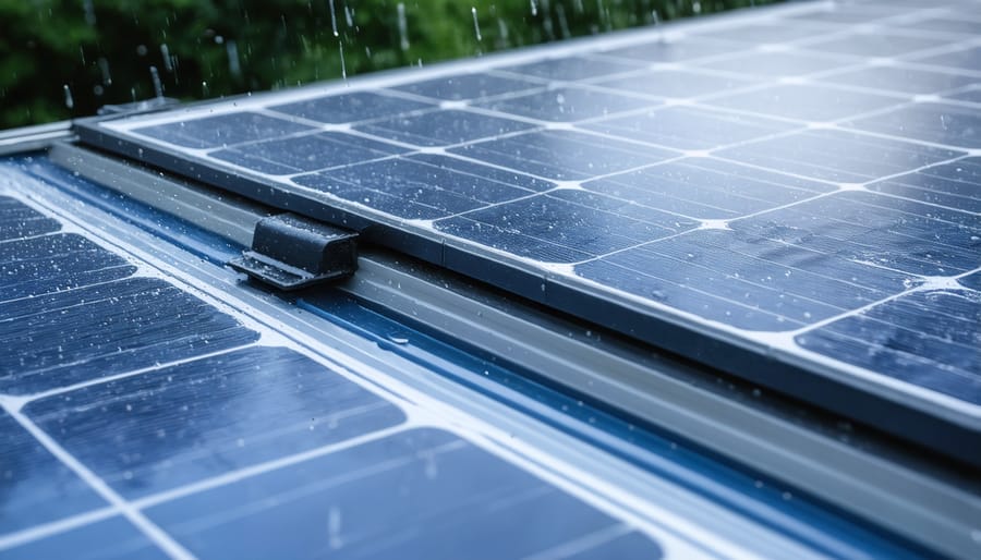 Maintenance worker cleaning rooftop solar panels in wet conditions
