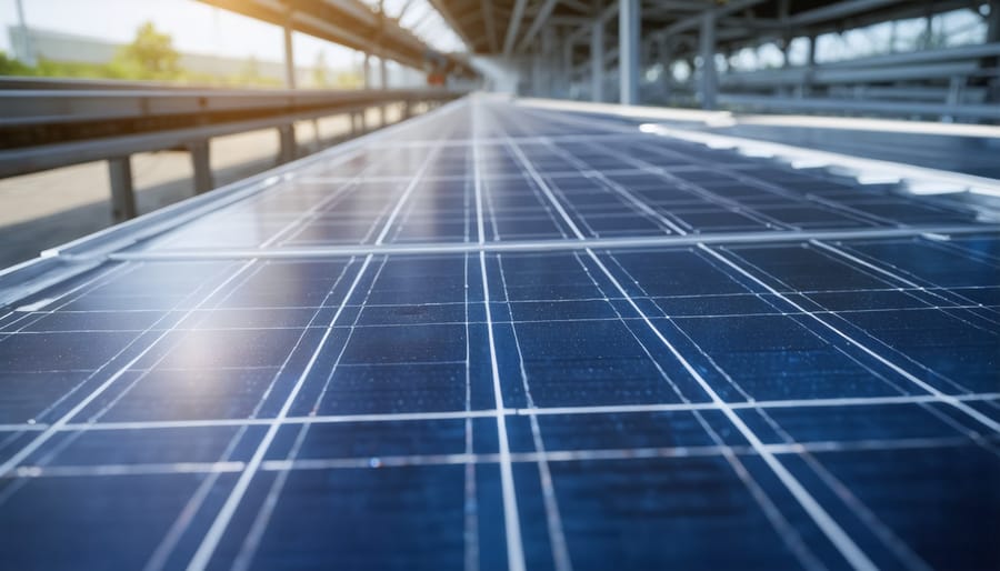 Technician inspecting solar panels during manufacturing with testing equipment