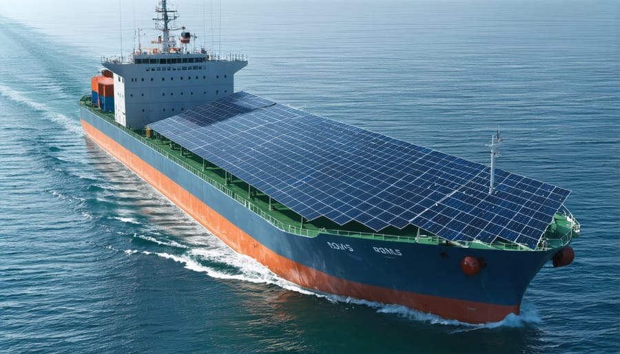 Modern cargo vessel equipped with solar panels strategically positioned using ROMS analysis