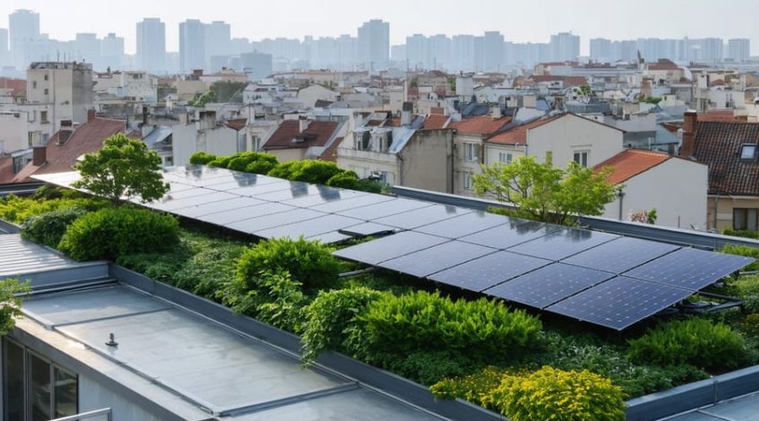 An urban skyline with solar panel installations and green rooftops showcasing the cooling impact of solar energy on city environments.