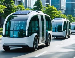 A futuristic cityscape showcasing solar-enhanced electric transit vans moving through urban streets with visible solar panels on their roofs, symbolizing sustainable public transportation.