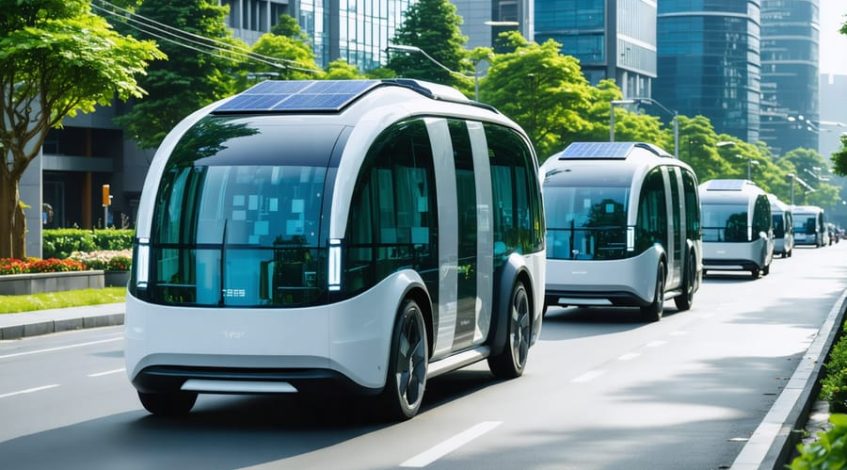 A futuristic cityscape showcasing solar-enhanced electric transit vans moving through urban streets with visible solar panels on their roofs, symbolizing sustainable public transportation.