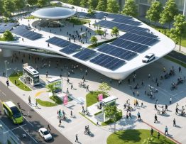Aerial view of a futuristic solar-powered urban mobility hub with integrated solar panels on buildings, multiple electric vehicle charging stations, and various sustainable transport options being used by people.