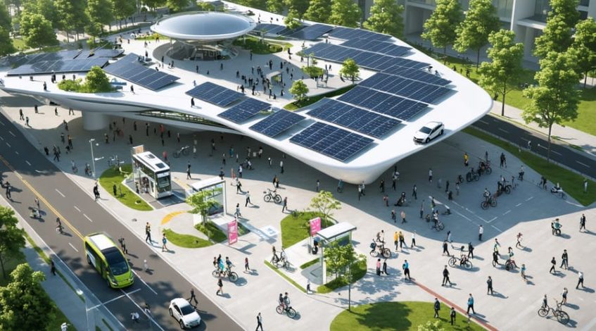Aerial view of a futuristic solar-powered urban mobility hub with integrated solar panels on buildings, multiple electric vehicle charging stations, and various sustainable transport options being used by people.
