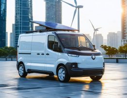 Sleek delivery van equipped with solar panels on its roof, parked in a bustling city setting with modern buildings and wind turbines in the background, illustrating the future of sustainable commercial transportation.